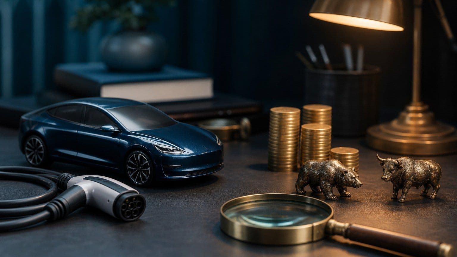 Tumesinisel pangalaual on märgistuseta elektriauto mudel, laadimiskaabel, mündivirnad ning pulli ja karu kujukesed.