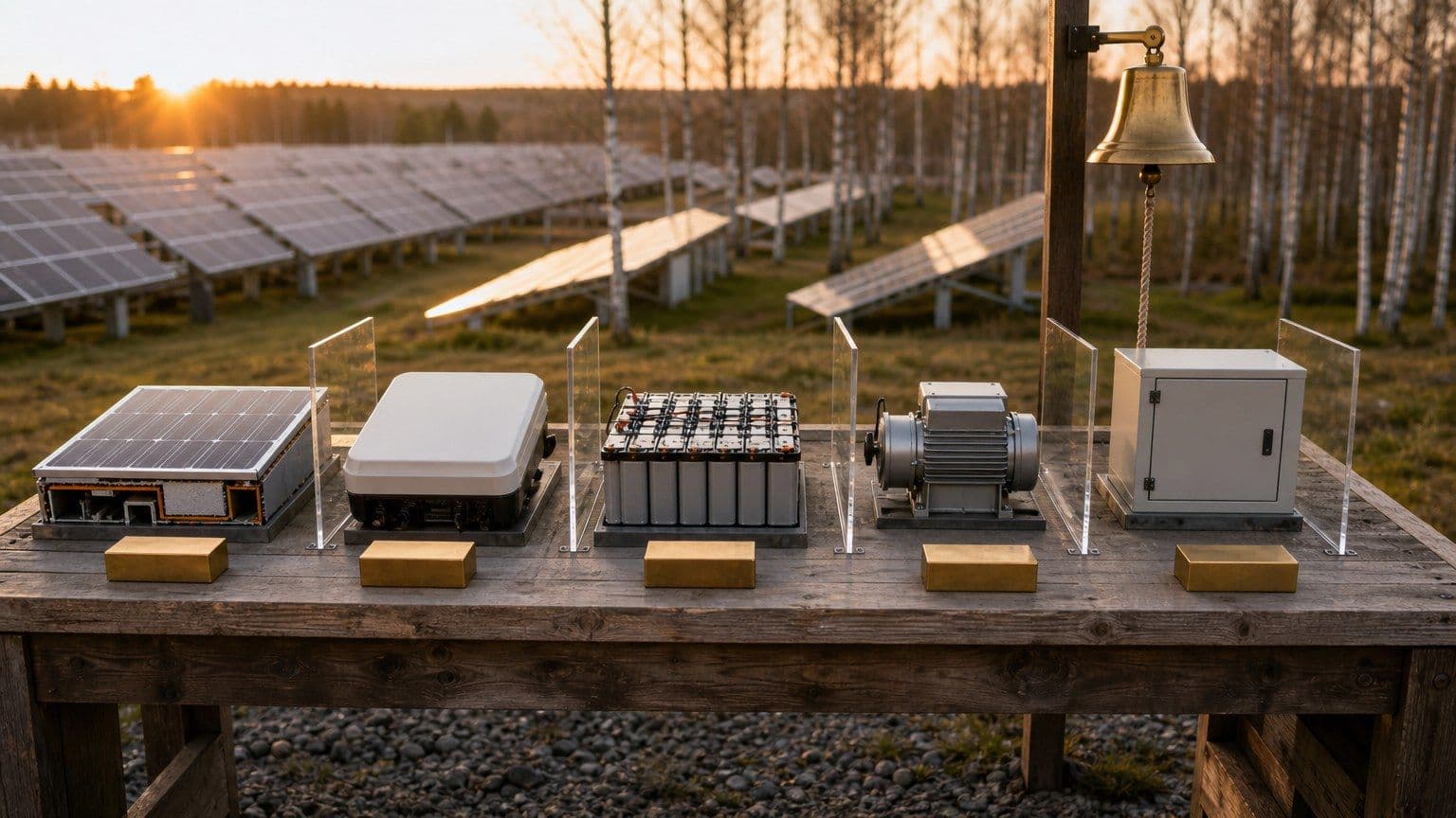 Viis päikeseenergia investeerimisosa paneeli, inverteri, aku ja päikesepargi seadmetega.
